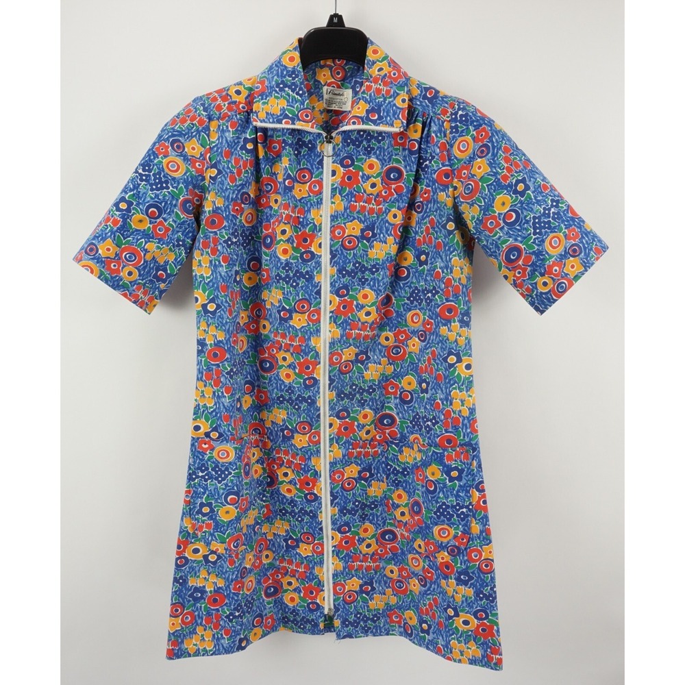 Vintage‎ 1970's Primstyle Japan Women's Size 12 Blue Floral Zip Boho Shirt Dress